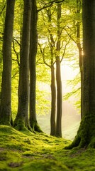 Obraz premium A serene forest scene with tall trees and lush green foliage, illuminated by soft sunlight filtering through the leaves, creating a peaceful and tranquil atmosphere.