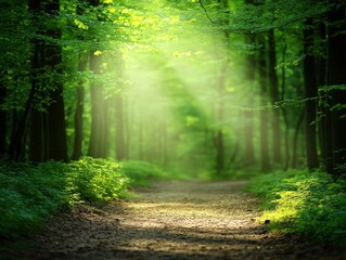 Obraz premium A serene forest path illuminated by soft light, surrounded by lush greenery and trees, inviting tranquility and reflection.
