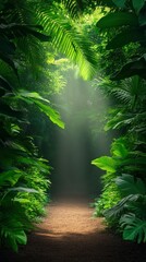 Obraz premium A serene forest pathway illuminated by soft light, surrounded by lush greenery, inviting exploration and tranquility.