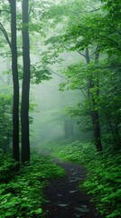 Fototapeta premium A serene forest path shrouded in mist, surrounded by lush green trees and foliage, creating a tranquil and mysterious atmosphere.