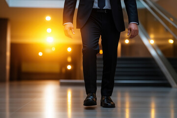 Fototapeta premium Individual walking confidently in a sleek modern building during sunset hours