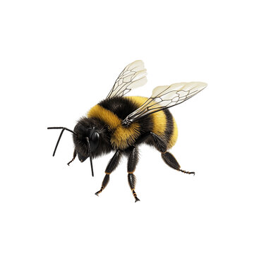 Yellow and black bee is flying in the air.