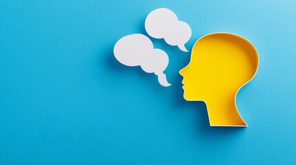 Paper cutout of a thinking head with speech bubbles 