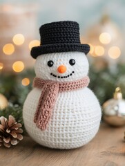 Obraz premium A cute, handmade crochet snowman with a black top hat, orange nose, and brown scarf, set against a softly blurred background with festive lights and pinecones, perfect for winter decor.