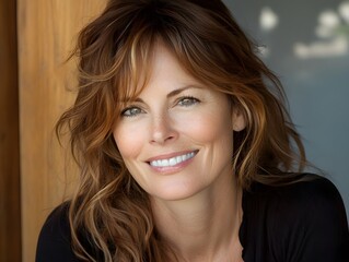 Naklejka premium Portrait of a Smiling Middle-Aged Woman with Long Brown Hair