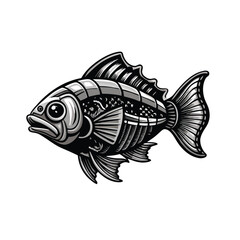 Detailed vector illustration of a meticulously engraved mechanical fish, showcasing intricate gears and clockwork mechanisms.  Emphasis on linework and shading.