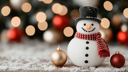 A festive snowman adorned with a top hat and scarf stands amidst a snowy surface, accompanied by gold and silver ornaments, set against a blurred background of holiday lights.