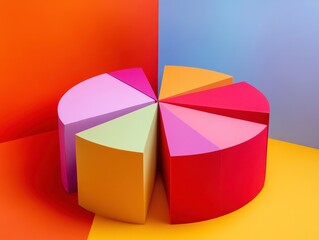 Obraz premium A colorful pie chart composed of geometric shapes, set against a vibrant background, visually representing data or proportions.