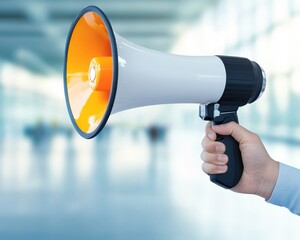 A person holding a megaphone, symbolizing communication and announcement in a spacious, blurred indoor environment.
