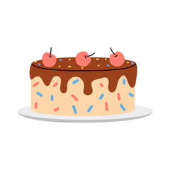 Colorful chocolate cake topped with cherries and sprinkles on a white plate