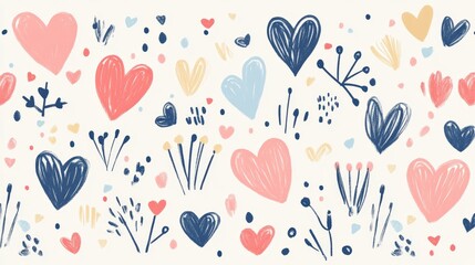 Playful Heart Doodles and Pastel Geometric Elements - Horizontal Greeting Card Background in Cartoon Style
