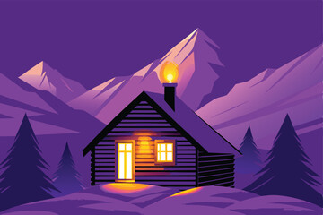 Design a cozy vector illustration of a rustic log cabin nestled in a snow-dusted mountain landscape, emphasizing its warmth and inviting atmosphere.