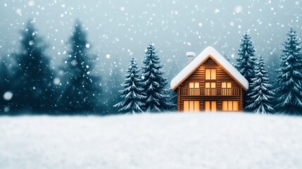 A cozy wooden house stands amidst a snowy landscape, surrounded by tall evergreen trees, evoking a peaceful winter scene. The soft glow from the windows adds warmth to the chilly atmosphere.