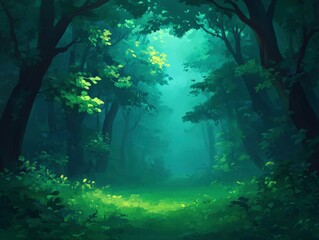 Fototapeta premium A serene forest scene, illuminated by soft light filtering through dense trees, creating a tranquil atmosphere perfect for reflection or exploration.