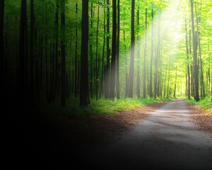Fototapeta premium A serene forest path illuminated by sunlight, creating a peaceful atmosphere amidst the trees. The scene invites reflection and appreciation of nature's beauty.