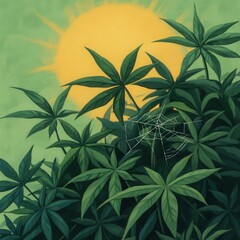 The image features lush green leaves with a bright yellow sun in the background, accompanied by a delicate spider web, creating a serene and natural atmosphere.