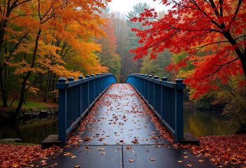 A bridge with a blue bridge in the background