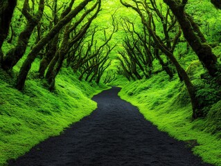 Obraz premium A serene pathway through a lush green forest, surrounded by vibrant foliage, inviting exploration and tranquility.