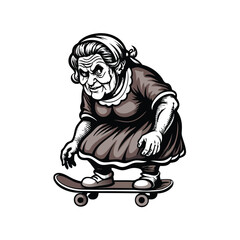 Sketch of an elderly woman, grandmother, joyfully riding a skateboard.  Emphasis on expressive lines and wrinkles, conveying happiness and freedom.