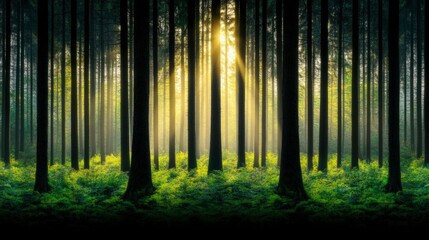 Naklejka premium A serene forest scene with tall trees and soft sunlight filtering through, creating a peaceful and tranquil atmosphere.
