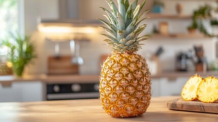 Ripe pineapple on kitchen counter, sliced pineapple on cutting board.