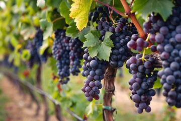 Closeup of dark purple grapes hanging heavily from a vine in a vineyard. Lush green leaves and rows of vines blur in the background, suggesting a healthy, bountiful harvest.