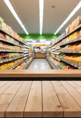 Wooden Tabletop In Front Of Blurred Grocery Store Aisles