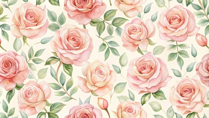 Elegant watercolor painting of blooming pink roses and green leaves, seamless pattern