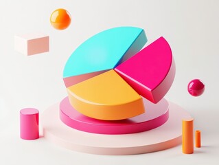 Obraz premium A colorful 3D pie chart with various segments, surrounded by geometric shapes, illustrating data visualization and analysis concepts.