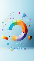Obraz premium The image features colorful, abstract shapes resembling pie charts and data elements, representing data visualization and analysis concepts.
