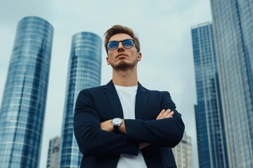 Fototapeta premium Confident man in sunglasses stands in front of modern skyscrapers in the city