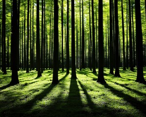 Fototapeta premium A serene forest scene showcasing tall trees with vibrant green leaves, casting long shadows on the ground, creating a tranquil and inviting atmosphere.