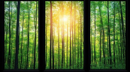 Fototapeta premium A serene view of a lush green forest with sunlight filtering through the trees, creating a peaceful and refreshing atmosphere.