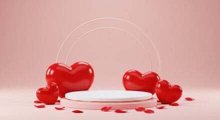 Red heart-shaped balloons placed inside of  a pink podium creating a romantic Valentine's Day theme