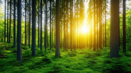 Fototapeta premium A serene forest scene bathed in soft sunlight, showcasing tall trees and lush greenery, creating a tranquil and inviting atmosphere.