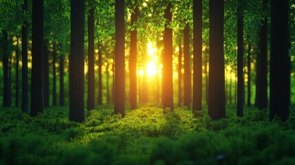 Obraz premium A serene forest scene illuminated by sunlight filtering through trees, creating a tranquil and inviting atmosphere.