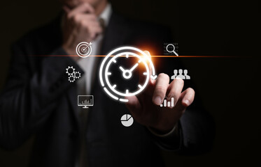 Business person with time management activity to improve productivity, process optimization and...