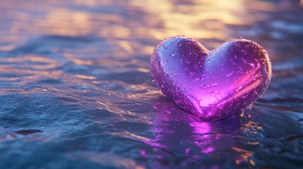 A designer heart in metallic pink with glowing purple accents, floating on a textured water surface; animated droplets add dynamic realism.