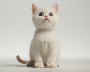 Obraz premium A cute white kitten with big eyes sits upright against a neutral background, showcasing its playful and innocent demeanor.