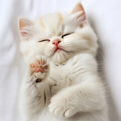 Obraz premium A cute, fluffy white kitten peacefully sleeping on a soft surface, showcasing its adorable features and relaxed demeanor.