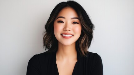 Fototapeta premium A smiling young woman with shoulder-length hair poses confidently against a neutral background, exuding warmth and approachability.