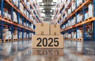 Cardboard Numbers 2025 in a High-Resolution Warehouse Scene