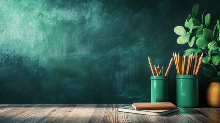 School desk with green chalkboard background, featuring textbooks, notebooks, and classroom essentials for educational settings