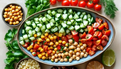 Fresh Mediterranean Chickpea Salad with Colorful Vegetables and Herb Garnish in Serving Bowl