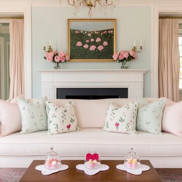 A cozy living room featuring a light-colored sofa adorned with floral pillows, a decorative painting above a fireplace, and a coffee table with sweet treats under glass cloches.