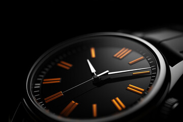 Elegant black watch with orange markers showcasing intricate details and craftsmanship