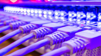 Fototapeta premium A Close-Up of a Secure Telecom Server Room Illuminated by Glowing Blue Lights,Emphasizing Advanced Cybersecurity Technology and the Importance of Data Protection in Modern Communication Systems