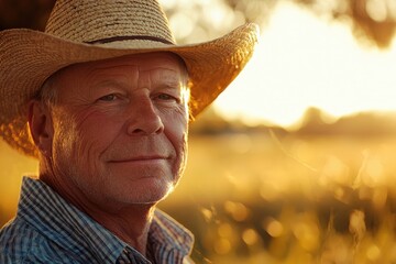 Fototapeta premium A senior male farmer wearing a straw hat, proud expression, golden sunlight, scenic field background,