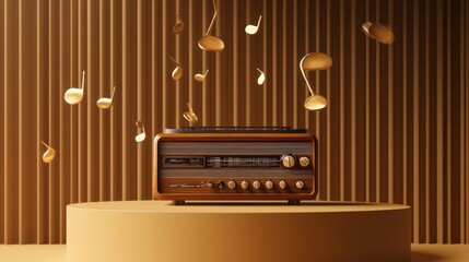 A vintage-style radio sits on a circular pedestal, surrounded by floating musical notes, creating a...