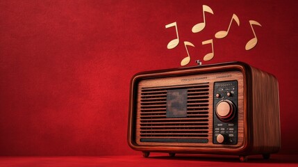 A vintage radio sits against a textured brown background, with musical notes floating above it, symbolizing the joy of music and nostalgia.